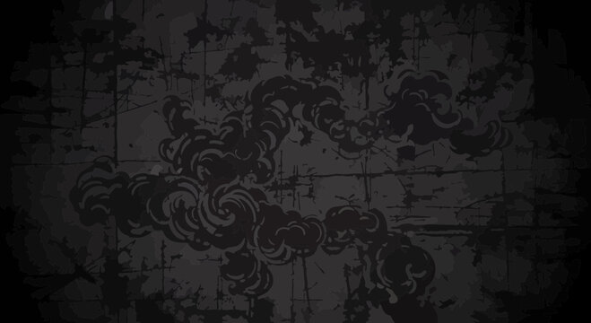 Abstract black smoke on grungy wall background with texture effects