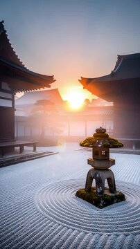 Sunrise over traditional Japanese Zen garden with stone lantern and temple silhouette