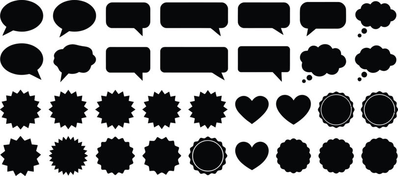 Red fluffy cloud label shapes set, squishy speech bubbles, wavy sticker badges and cute promo text boxes vector illustration.