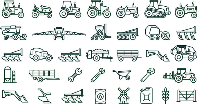 Agricultural Farm Machinery and Equipment Line Icon Set Featuring Tractors Harvesters Plows Trailers and Cultivation Tools for Farming Industry Website Graphics