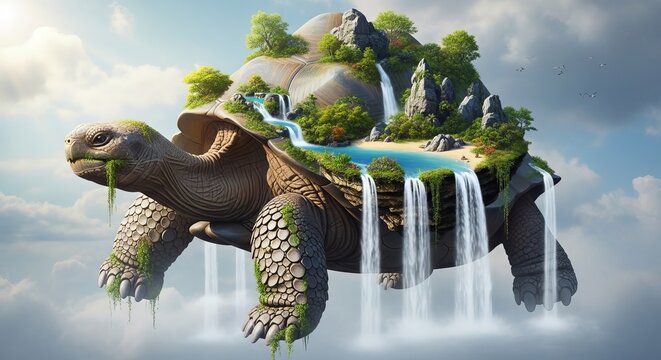 Fantasy giant tortoise flying in sky carrying green island with waterfalls on its shell