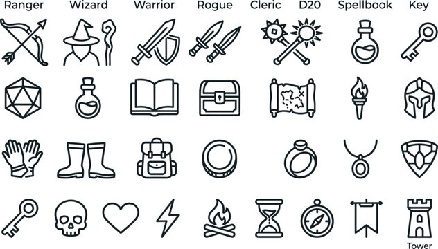 Fantasy RPG Board Game Line Icon Set Featuring Weapons Armor Spells Treasure Chests and Dice for Video Games Apps and Tabletop Gaming UI Designs