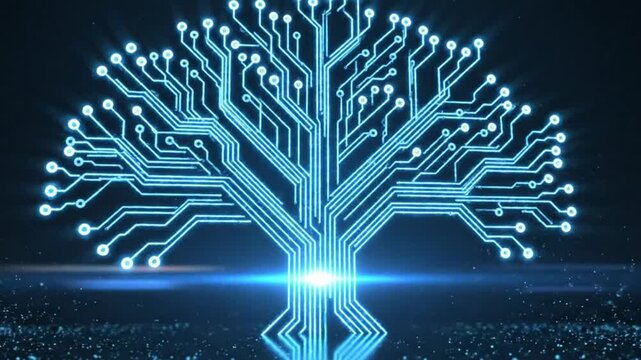 Glowing digital circuit tree representing artificial intelligence data processing innovation and advanced technology network on dark background