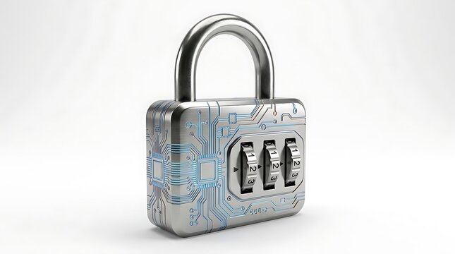 Digital security padlock with circuit board pattern isolated on white background