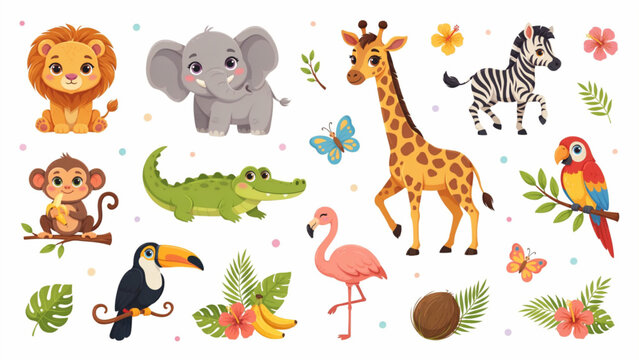Colorful cartoon animals illustration set with jungle background Vector