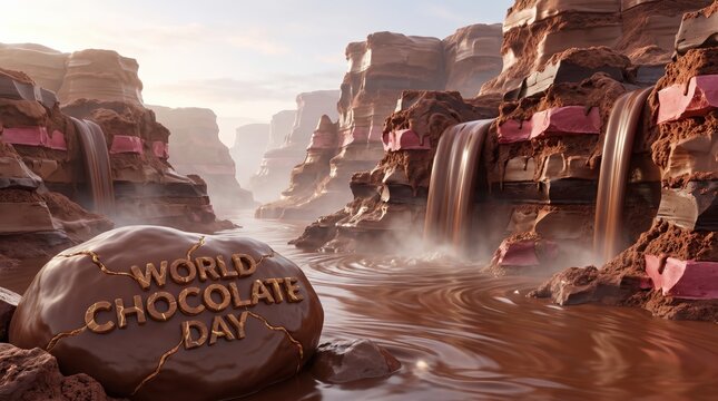 Surreal chocolate canyon landscape with flowing cocoa waterfalls and textured formations creating a luxurious fantasy food advertisement scene