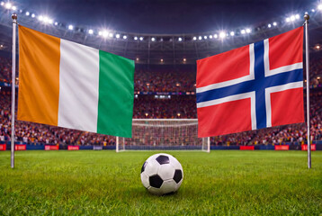 Naklejka premium Ivory Coast vs Norway, national flags before international football tournament Round of 32 match, football on green grass with goal in the background, Arlington, Texas, USA, June 30, 2026