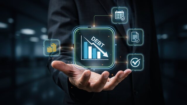 Hand holding virtual debt reduction chart with business icons on dark background
