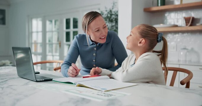 Education, mom and child with notebook in kitchen, talking and exam preparation with laptop in home. Family, studying and woman with daughter in house, discussion and help with assignment or homework