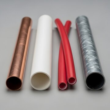 Selection of diverse piping materials including copper plastic red pex and galvanized steel sections.