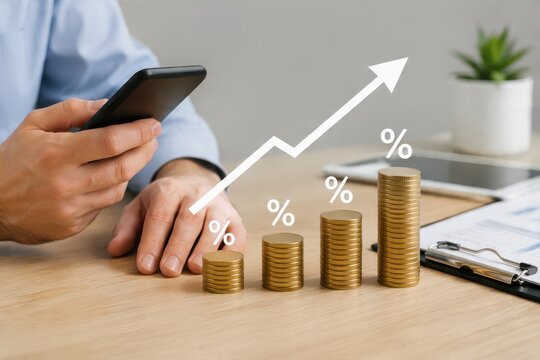 Financial analyst tracking investment growth and profit margins using smartphone