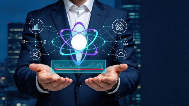 Hands holding holographic atom symbol with data icons, advanced technology and science concept, digital transformation, cloud computing and network connection