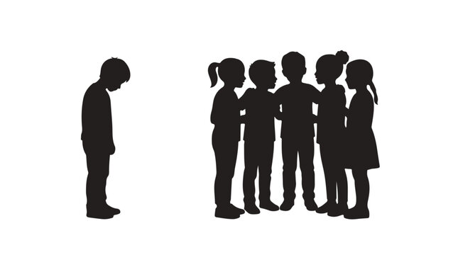 Sad lonely boy silhouette excluded from group of children, school bullying and social isolation concept vector, peer pressure and rejection illustration