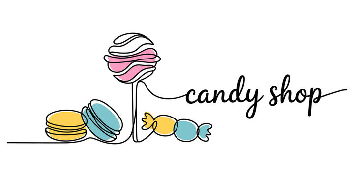 Candy shop logo design with continuous one line art of sweets and lollipops
