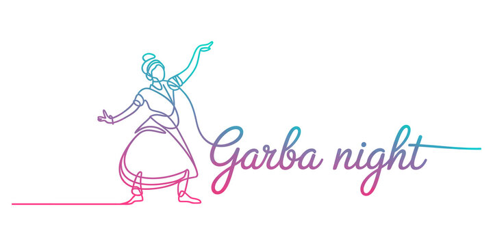 Continuous line drawing of a woman dancing garba for navratri festival