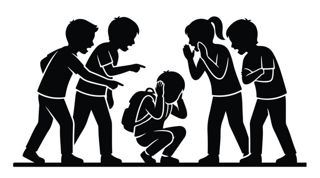 School bullying silhouette vector, group of children harassing a student, social issue illustration of peer pressure and harassment