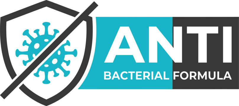 Anti bacterial formula vector badge icon logo with protective shield and crossed out stop virus prohibition sign..eps