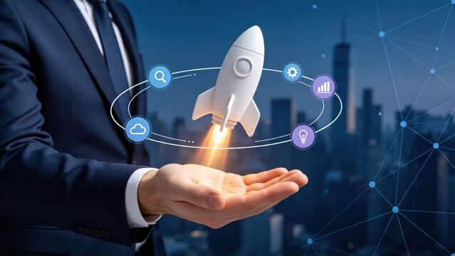 Conceptual image of business innovation and project launch featuring rocket taking off from hand surrounded by strategy and analytics icons