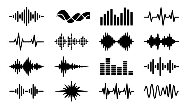 Set of black sound wave icons and audio frequency digital signals for music and data visualization