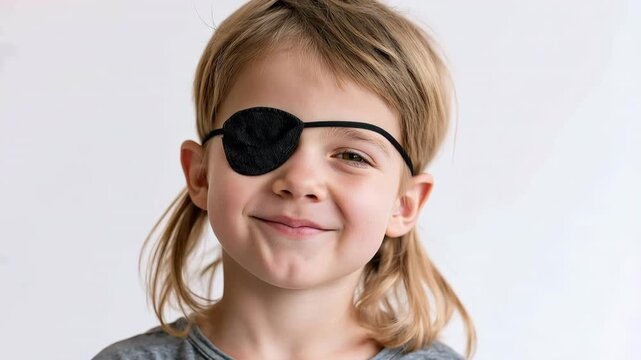 A child wearing an eye patch. eye treatment.