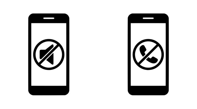 Smartphone icons with silent mode and call disabled symbols, no sound and no phone call notification signs on mobile devices