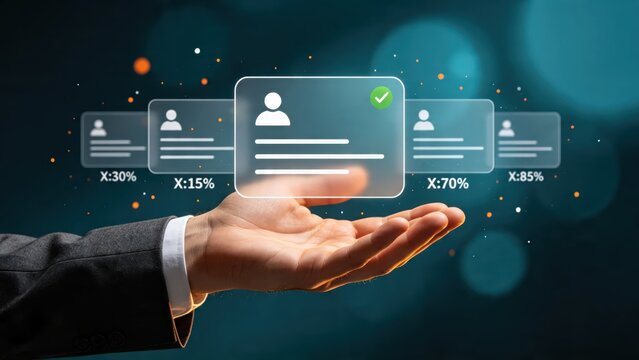 User profile selection verification concept with hand holding transparent cards showing person icons and percentages, green checkmark, digital identity management