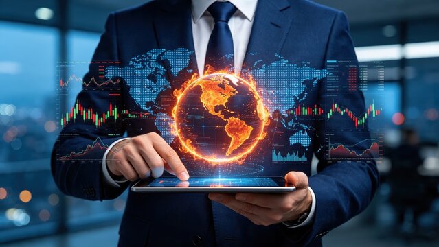 Fiery planet earth hologram with world map projection, global trading network, international finance market volatility