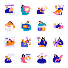 Fototapeta premium Flat social media and creator stickers featuring engagement, content creation, live streaming, reactions, analytics, notifications, growth, and audience interaction.