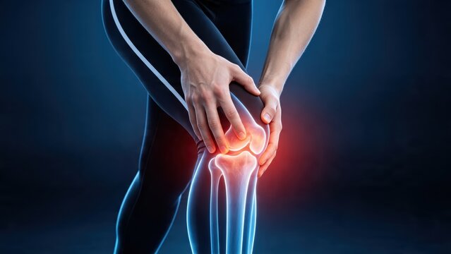 Human knee joint anatomy with glowing red pain effect, person holding injured leg, medical healthcare concept for arthritis, injury, bone structure