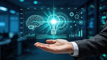 Fototapeta premium Artificial intelligence innovation concept with glowing lightbulb and human brain, machine learning gears mechanism, big data analytics charts, creative idea generation