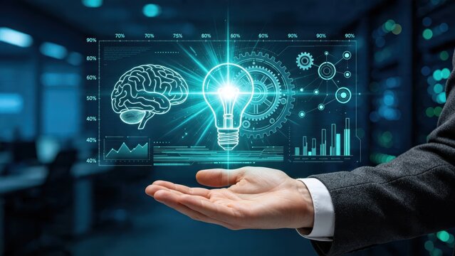 Artificial intelligence innovation concept with glowing lightbulb and human brain, machine learning gears mechanism, big data analytics charts, creative idea generation