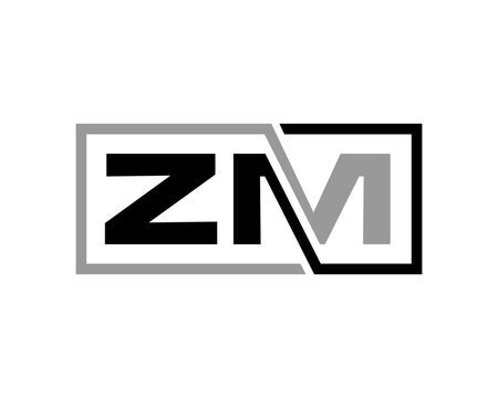 Modern ZM letter logo design with split black and grey rectangular frames, creating a dynamic and professional brand identity.
