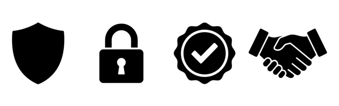 Black icons of shield, lock, checkmark and handshake