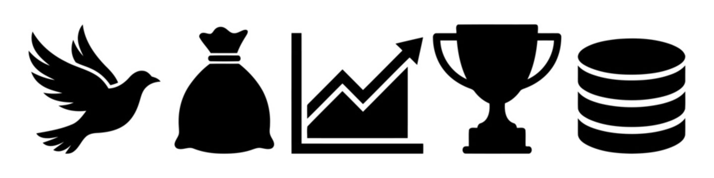 Black icons of bird, money bag, graph, trophy and coins