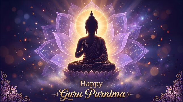 Happy guru purnima spiritual banner showing meditating buddha silhouette inside purple blooming lotus flower on starry background design