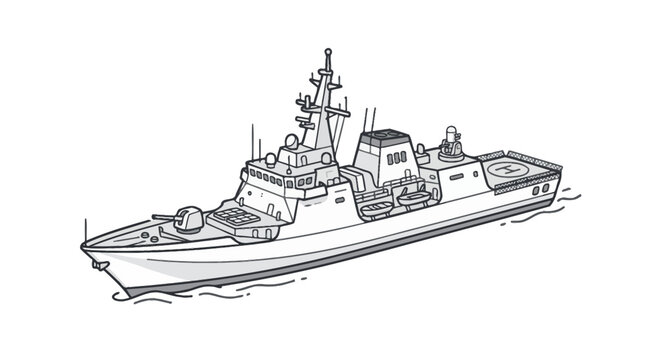 Modern navy destroyer warship line art illustration.