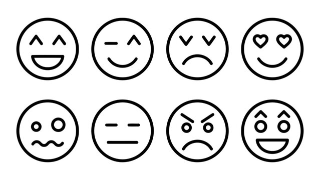 A set of eight emoticon faces on for expressing various emotions and reactions