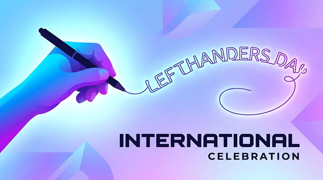 International lefthanders day neon style celebration graphic with hand holding
