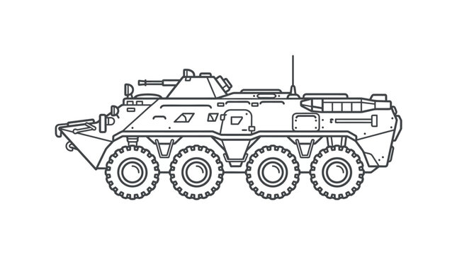Military armored personnel carrier vehicle line art illustration.