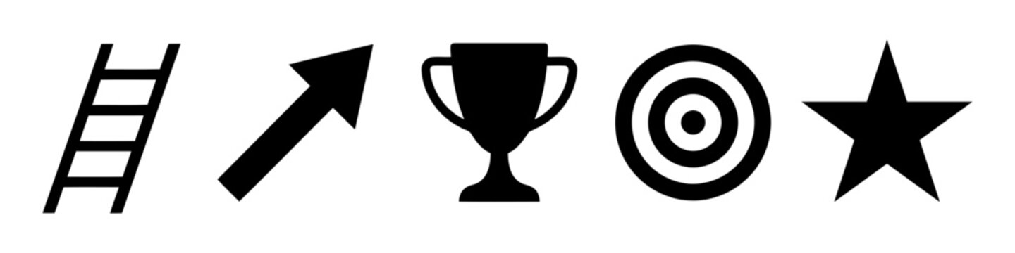 Black icons of ladder, arrow, trophy, target, and star