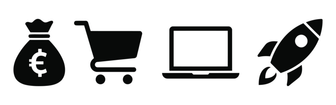 Black icons of money bag, shopping cart, laptop, and rocket