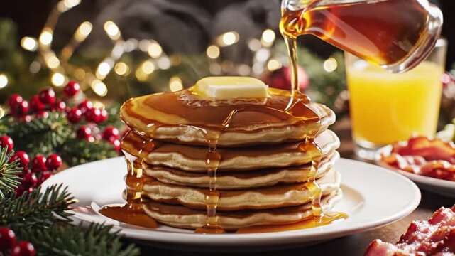 Pancake stack with butter on Christmas table.