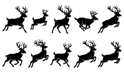 Fototapeta premium Detailed Jumping Deer Black Silhouette Vector Collection of Forest Animals Isolated on White