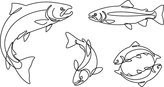 Minimalist Continuous One Line Fish Vector Set with Salmon and Trout Illustrations for Seafood Branding and Fishing Logos