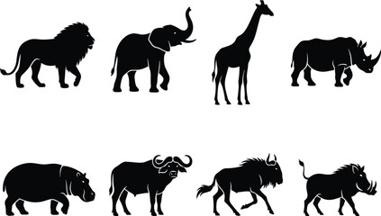 Set of African safari wild animal silhouettes including lion elephant giraffe rhino buffalo and hippo vector © Mdjoshel 