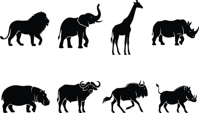Set of African safari wild animal silhouettes including lion elephant giraffe rhino buffalo and hippo vector