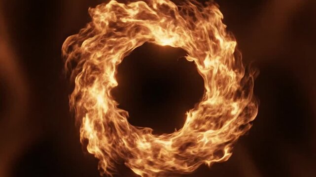  Glowing golden fire circle ring with flame texture on dark background