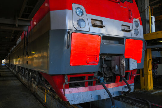 Modern train in service depot for inspection.