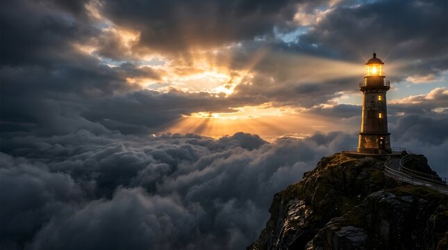 Lighthouse Above the Clouds at Dramatic Sunset Symbolizing Hope and Guidance