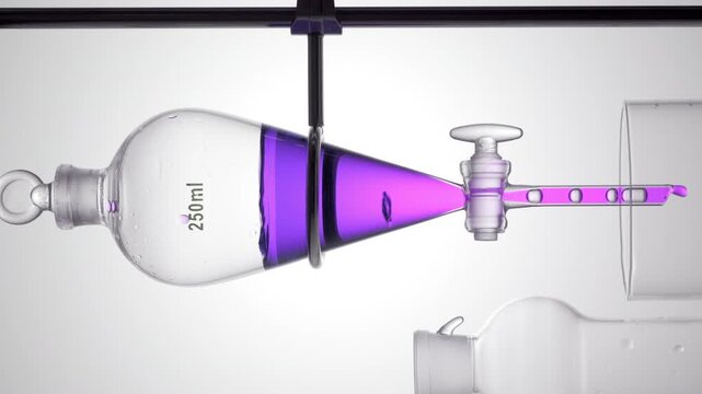 Violet transparent liquid drains from separatory funnel, dripping through the opened valve and causing rising bubbles inside on light grey bg | Blue mallow flower infusion cosmetic substance concept